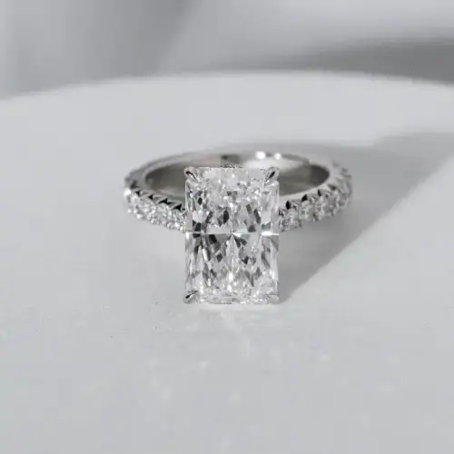 4ct Radiant cut with Hidden Halo in a Cathedral pavé Setting