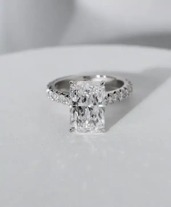 4ct Radiant cut with Hidden Halo in a Cathedral pavé Setting