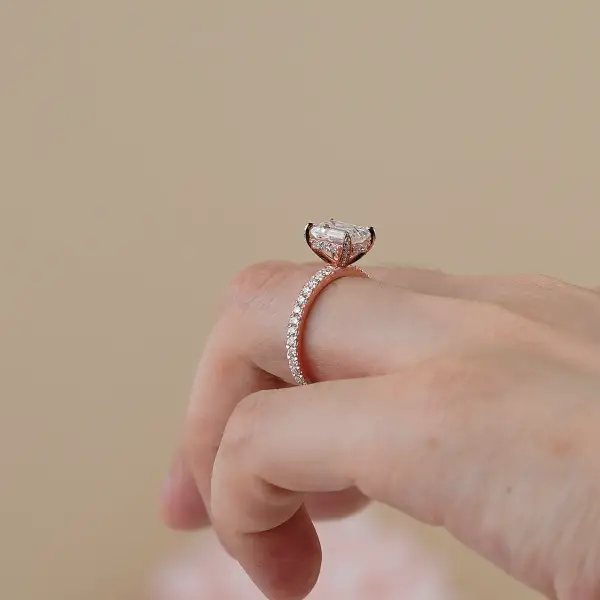 2ct 6x8mm Emerald Moissanite with hidden halo and half eternity pavé band - Image 3