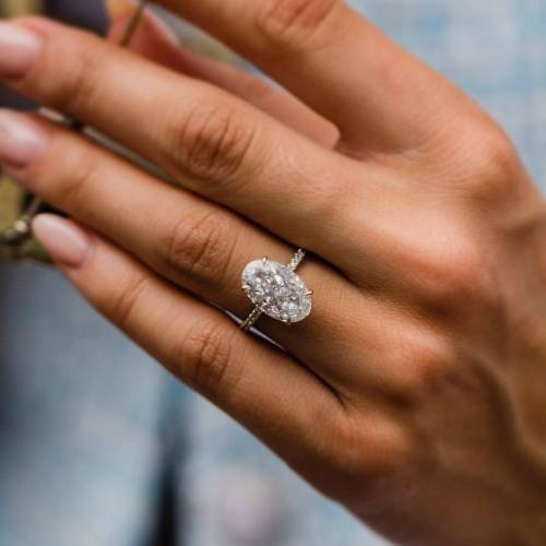 7ct 13.5x8.5mm Crushed Ice Hybrid Oval Moissanite Cut with Hidden Halo and Half Eternity Pavé Band
