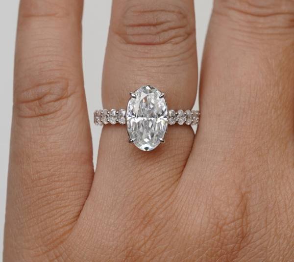 2 ct Crushed Ice Oval Cut Moissanite with Half Eternity Oval Moissanite Pavé Band - Image 6
