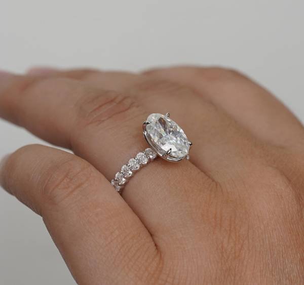 2 ct Crushed Ice Oval Cut Moissanite with Half Eternity Oval Moissanite Pavé Band - Image 3