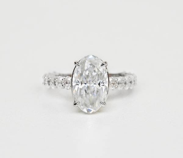 2 ct Crushed Ice Oval Cut Moissanite with Half Eternity Oval Moissanite Pavé Band - Image 7