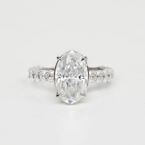 2 ct Crushed Ice Oval Cut Moissanite with Half Eternity Oval Moissanite Pavé Band