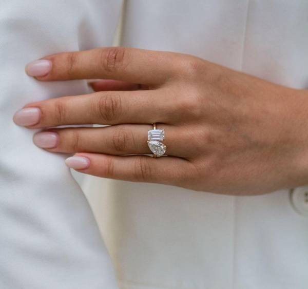 2.25ct 11x7mm Crushed Ice Hybrid Pear Cut and 2ct 8x6mm Emerald Cut Moissanite Ring - Image 2