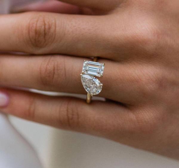 2.25ct 11x7mm Crushed Ice Hybrid Pear Cut and 2ct 8x6mm Emerald Cut Moissanite Ring