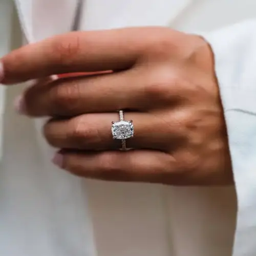 3.2 Ct 10x8MM Crushed Ice Hybrid Cushion Moissanite with Hidden Halo and Pavé Band