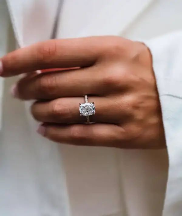 3.2 Ct 10x8MM Crushed Ice Hybrid Cushion Moissanite with Hidden Halo and Pavé Band