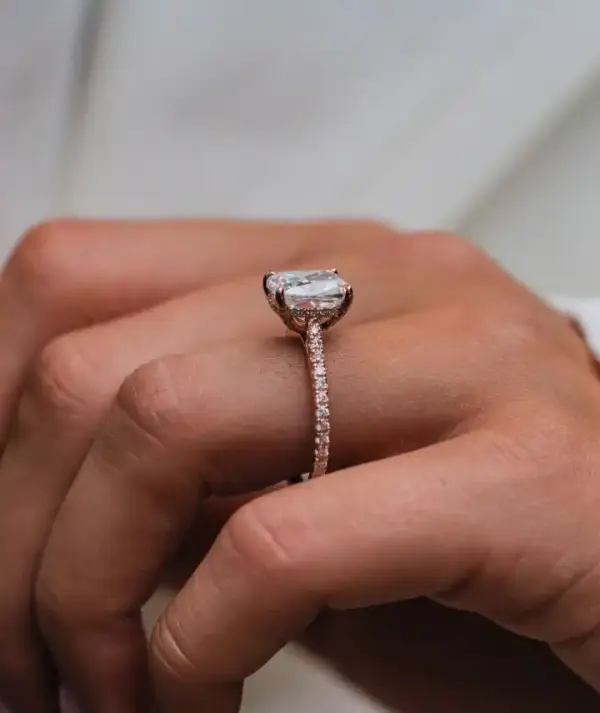 3.2 Ct 10x8MM Crushed Ice Hybrid Cushion Moissanite with Hidden Halo and Pavé Band