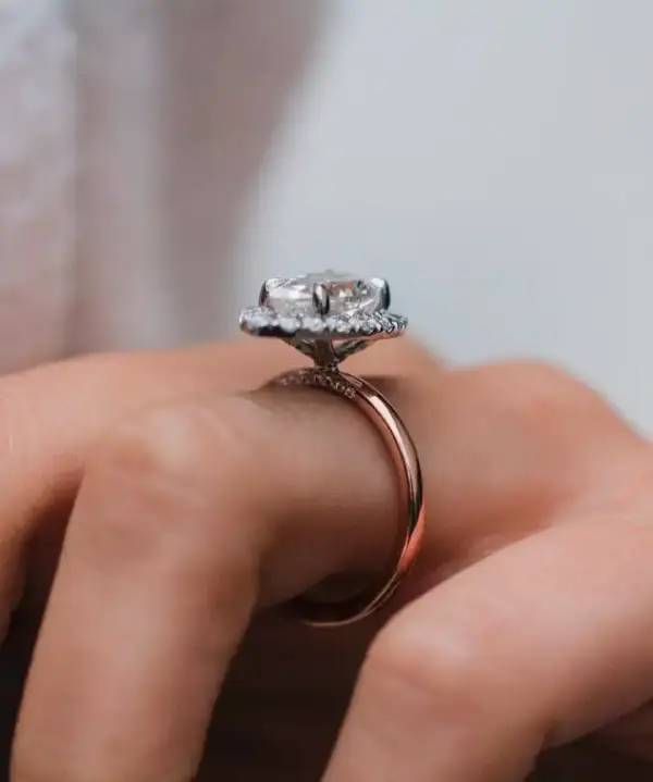 3.3 Ct 12x7.5mm Crushed Ice Hybrid Pear Cut Moissanite with Halo and Bridge Pavé Band