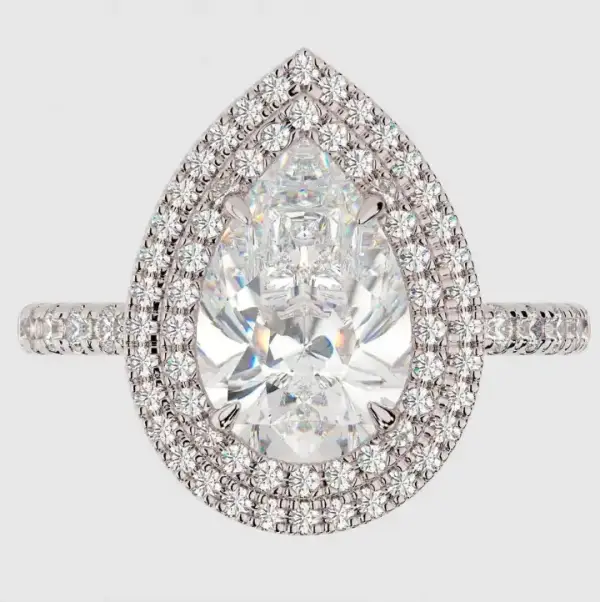 3CT 11.5x7.5mm Pear Shape Moissanite with Double Halo and Pavé Band