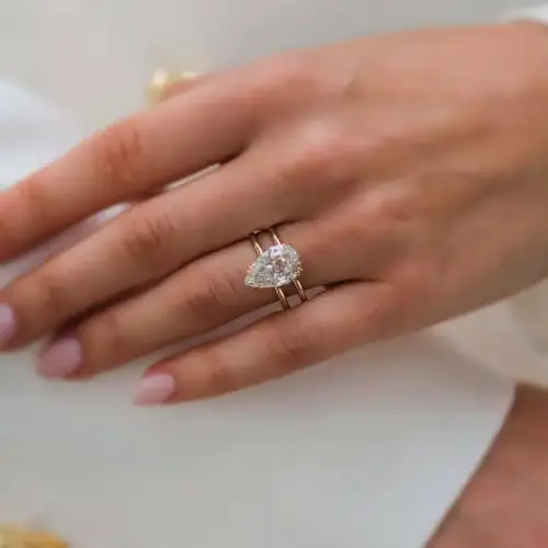 6 Ct 14x9mm Crushed Ice Hybrid Pear Moissanite with Double Band