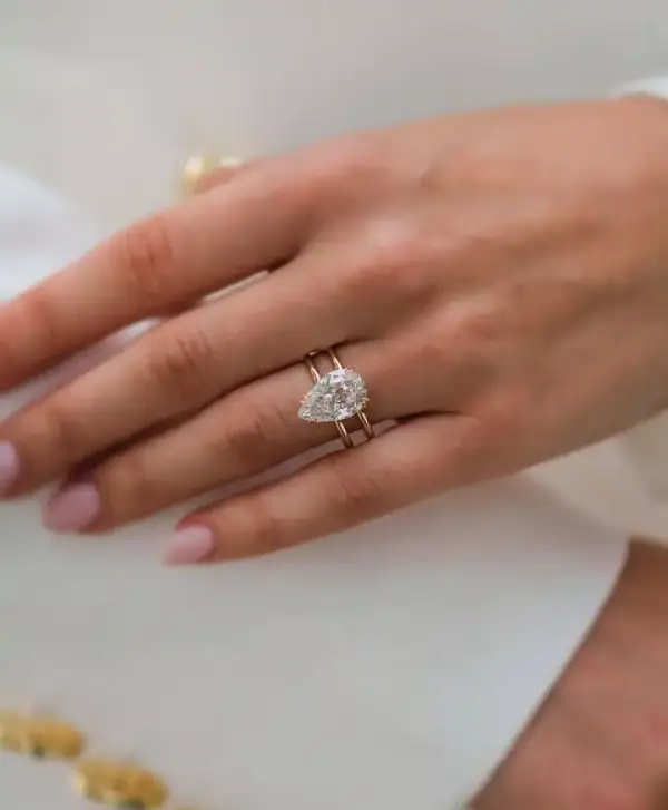 6 Ct 14x9mm Crushed Ice Hybrid Pear Moissanite with Double Band