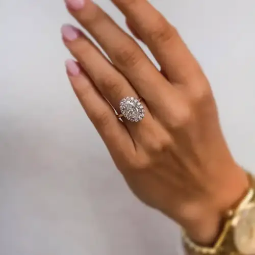 3.85 Ct Center 11.5X7.5MM Crushed Ice Hybrid Oval Cut Moissanite with halo and bridge pavé band