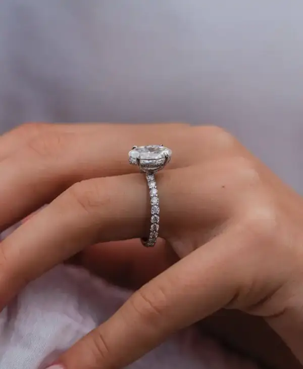 2.9 Ct 10.5x7mm Skinny Crushed Ice Hybrid Oval Cut Moissanite with hidden halo and round Moissanite pavé band