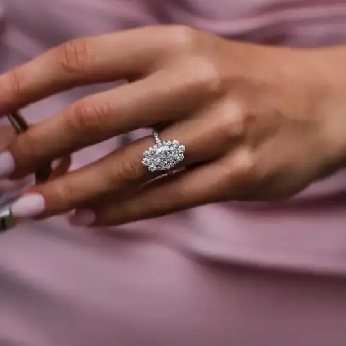 3.5 Ct Center 11.25x7.25mm Crushed Ice Hybrid Moissanite with detailed halo and pavé band