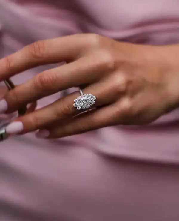 3.5 Ct Center 11.25x7.25mm Crushed Ice Hybrid Moissanite with detailed halo and pavé band