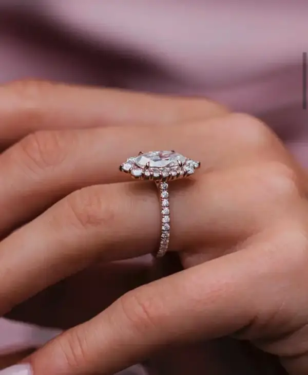 3.5 Ct Center 11.25x7.25mm Crushed Ice Hybrid Moissanite with detailed halo and pavé band