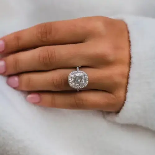 6.1 Ct 11.5x10mm Crushed Ice Hybrid Cushion Cut Moissanite with halo and pavé band