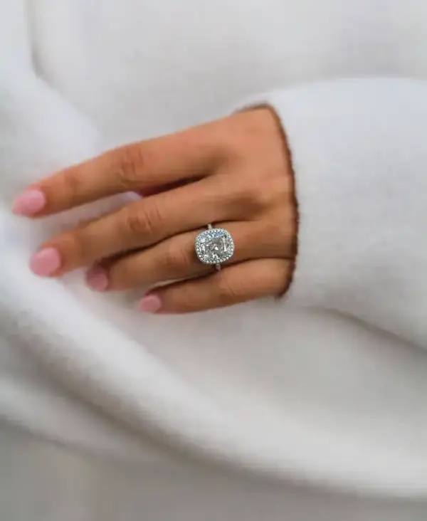 6.1 Ct 11.5x10mm Crushed Ice Hybrid Cushion Cut Moissanite with halo and pavé band