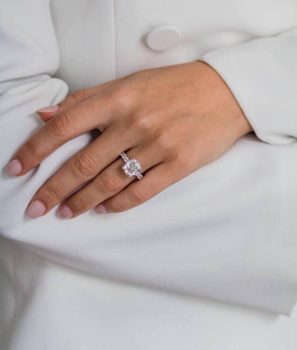 3ct Cushion Moissanite with hidden halo and Half Eternity Pavé Cushion Moissanite 3mm band - Image 2