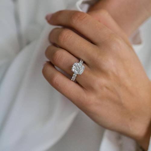 3ct Cushion Moissanite with hidden halo and Half Eternity Pavé Cushion Moissanite 3mm band
