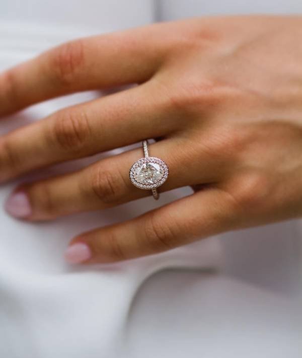 2.5 Ct  Crushed Ice or Brilliant Cut Oval Moissanite with halo and triple pavé Band