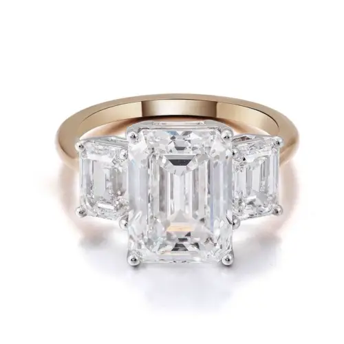 Two-Toned Gold Three-Stone Emerald Moissanite Ring
