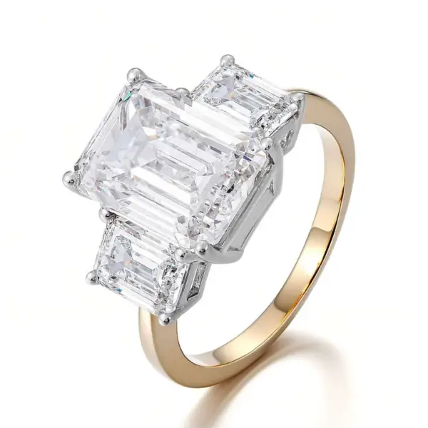Two-Toned Gold Three-Stone Emerald Moissanite Ring - Image 2