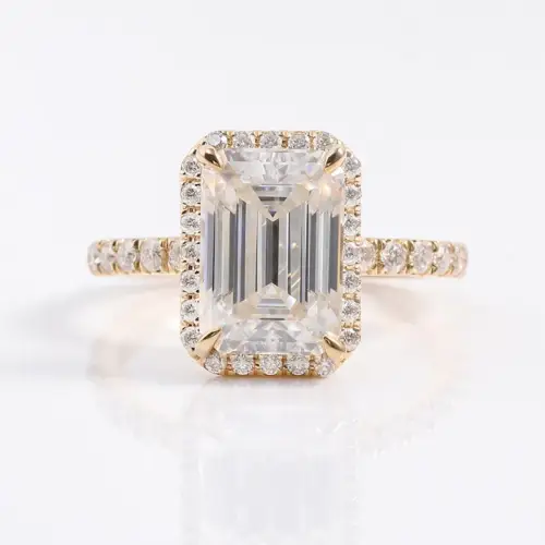 3ct Emerald Moissanite with Halo and pavé band