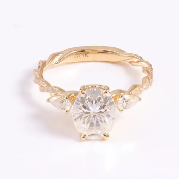 2ct Vintage Twist Band Three-Stone Oval Moissanite Engagement Ring With Pear Cut Accents - Image 2