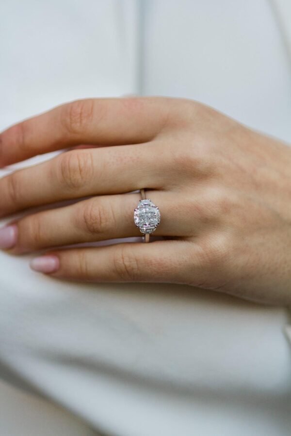 2.5ct Crushed Ice or Brilliant Cut Moissanite with Halfmoon side stones
