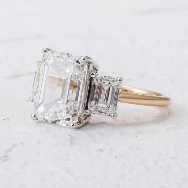 Two-Toned Gold Three-Stone Emerald Moissanite Ring - Image 3