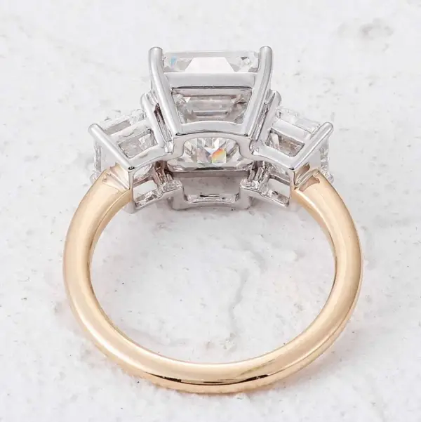Two-Toned Gold Three-Stone Emerald Moissanite Ring - Image 4