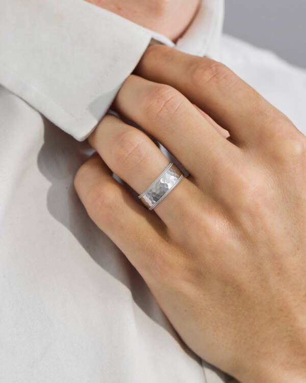 8mm Mens Hammered finish framed with double-textured lines Wedding Band - Image 2