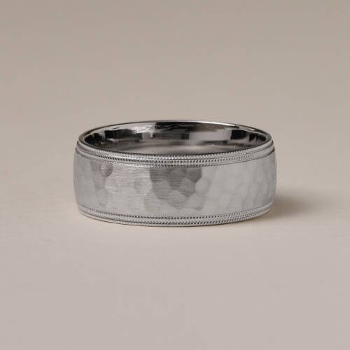 8mm Mens Hammered finish framed with double-textured lines Wedding Band
