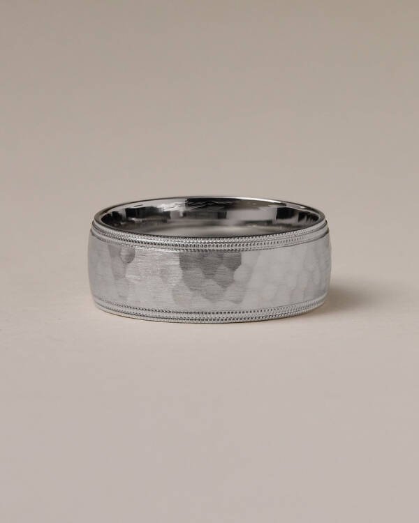 8mm Mens Hammered finish framed with double-textured lines Wedding Band
