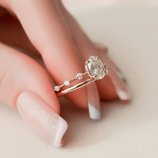 1.0CT Oval Cut Moissanite Halo Eternity Bridal Engagement Ring Set - Image 3