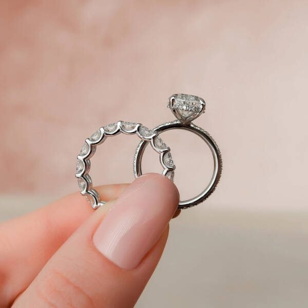 3.0CT Oval Cut Moissanite With Hidden Halo & Full Eternity Bridal Engagement Ring Set - Image 5