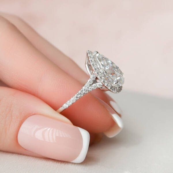3.0 CT Pear Halo & Split Shank Moissanite Engagement Ring - Image 6