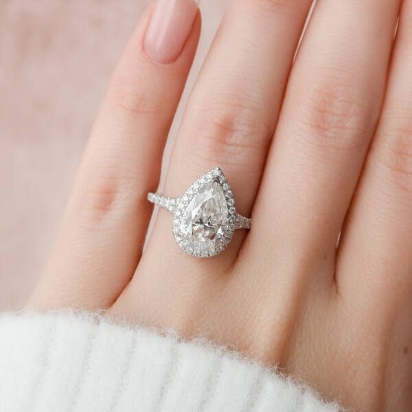 3.0 CT Pear Halo & Split Shank Moissanite Engagement Ring - Image 3